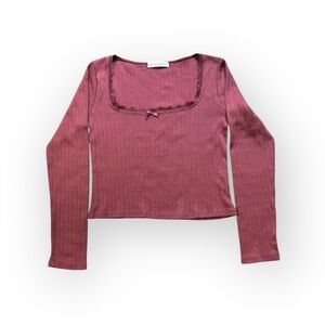 GAZE Cotton Essentials Lace Trim Ribbed Long Sleeve Top Pink M